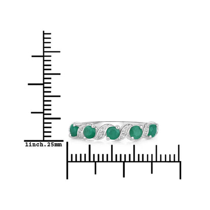 0.54 Ct Round Green Zambian Emerald and White Topaz Prong Silver 5 Stone Ring