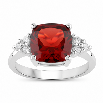 3.50 Ct Cushion Red Mozambique Garnet Lab Diamond Prong Silver Cocktail Ring