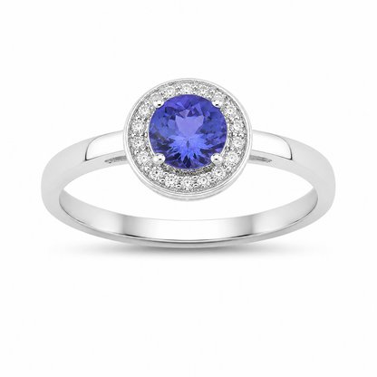 0.47 Ct Round Violet Tanzanite & Lab Diamond Prong Silver Halo Ring