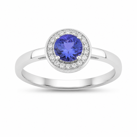 0.47 Ct Round Violet Tanzanite & Lab Diamond Prong Silver Halo Ring