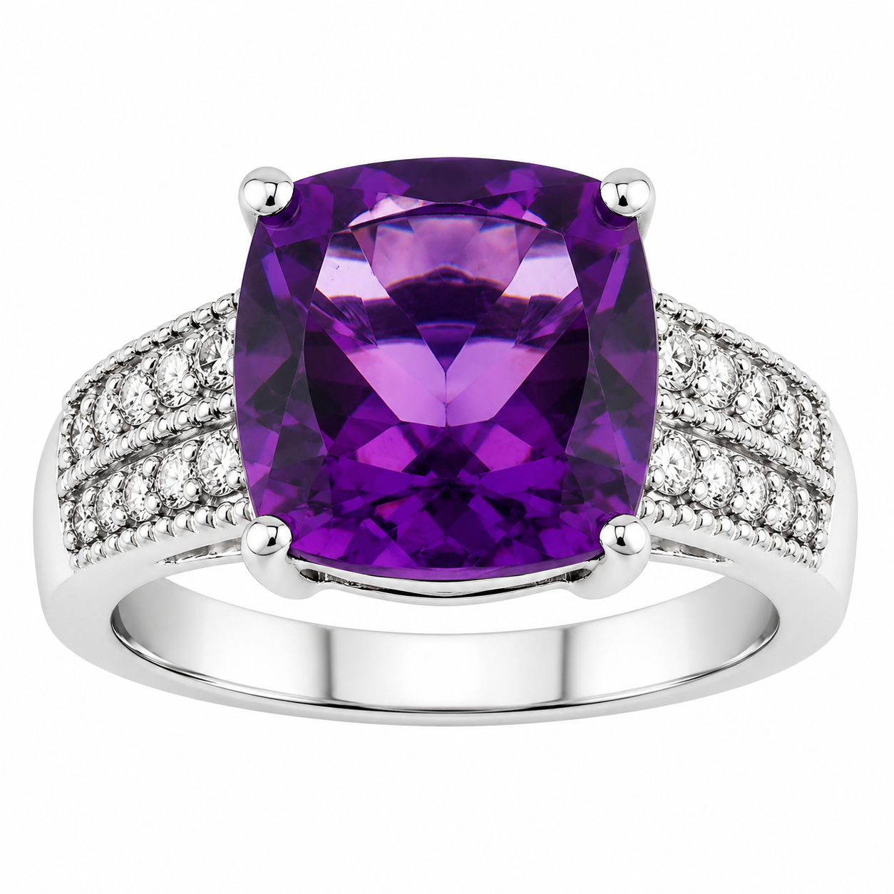 2.60 Ct Cushion Purple Amethyst and Lab Diamond Prong Silver Pave Bridge Ring