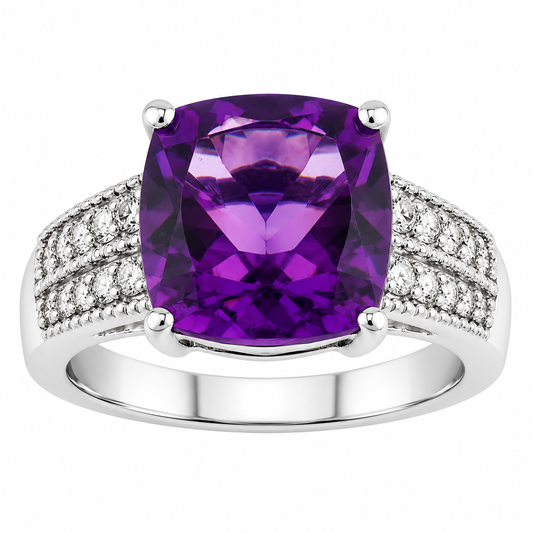 2.60 Ct Cushion Purple Amethyst and Lab Diamond Prong Silver Pave Bridge Ring