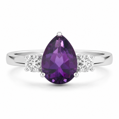 1.15 Ct Pear Purple Amethyst and Lab Diamond Prong Silver Three Stone Ring