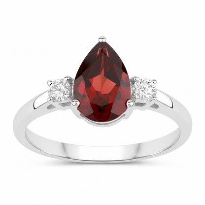 1.30 Ct Pear Red Mozambique Garnet and Lab Diamond Prong Silver Three Stone Ring