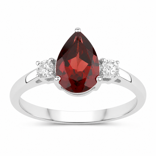 1.30 Ct Pear Red Mozambique Garnet and Lab Diamond Prong Silver Three Stone Ring