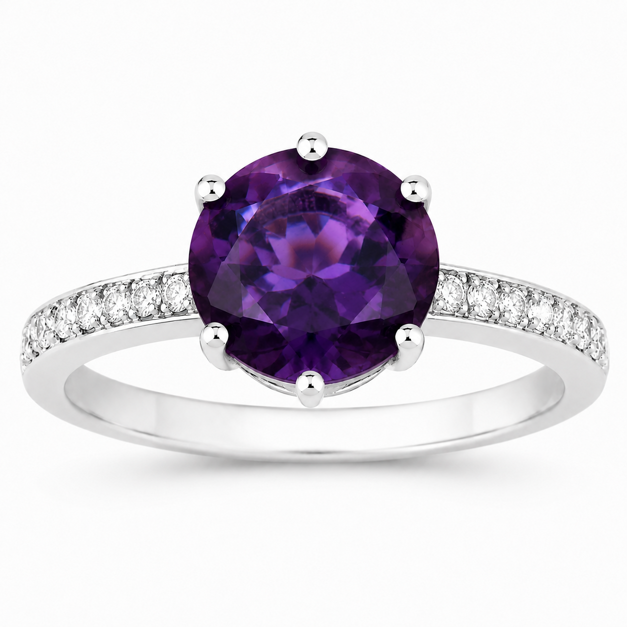 2.40 Ct Round Purple Amethyst and Lab Diamond Prong Silver Pave Bridge Ring