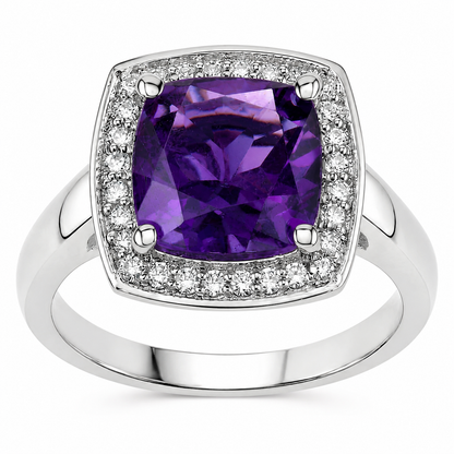 1.80 Ct Cushion Purple Amethyst and Lab Diamond Prong Silver Halo Cocktail Ring