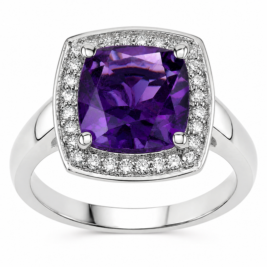 1.80 Ct Cushion Purple Amethyst and Lab Diamond Prong Silver Halo Cocktail Ring