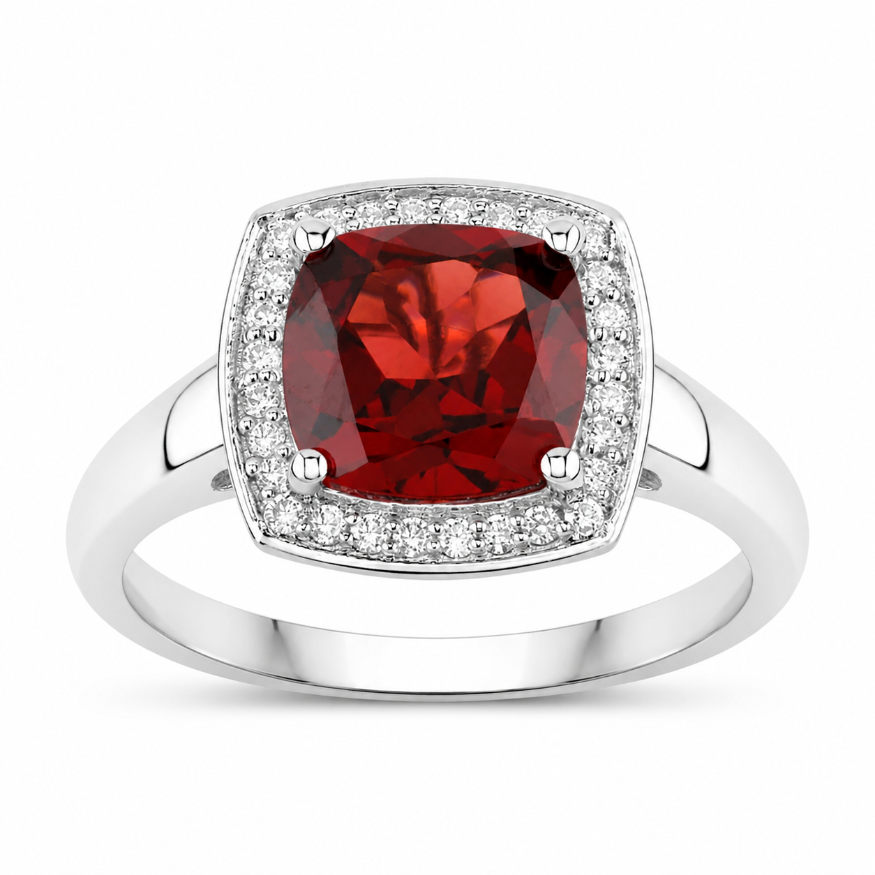 2.35 Ct Cushion Red Mozambique Garnet and Lab Diamond Prong Silver Halo Ring