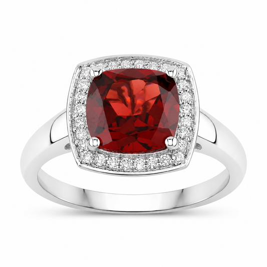 2.35 Ct Cushion Red Mozambique Garnet and Lab Diamond Prong Silver Halo Ring