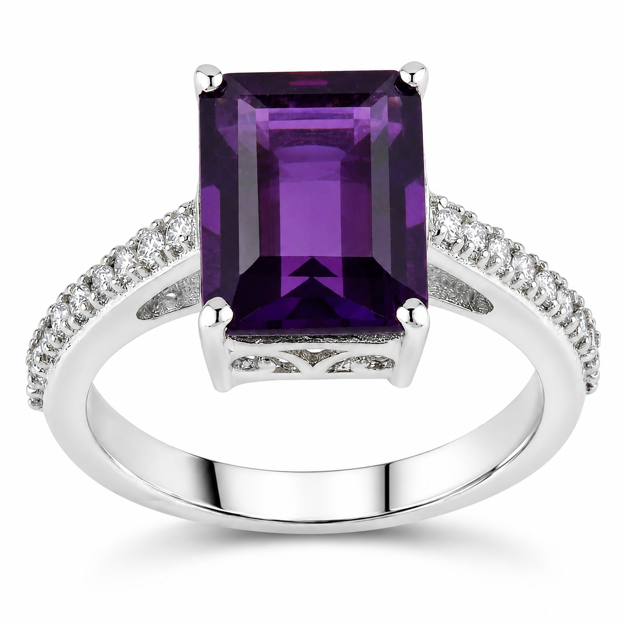 3.25 Ct Octagon Purple Amethyst and Lab Diamond Prong Silver Pave Bridge Ring