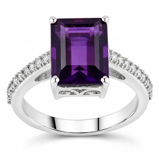 3.25 Ct Octagon Purple Amethyst and Lab Diamond Prong Silver Pave Bridge Ring