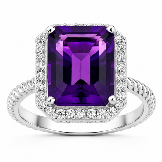 3.80 Ct Octagon Purple Amethyst and Lab Diamond Prong Silver Halo Ring