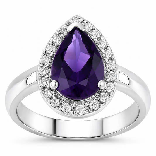 1.15 Ct Pear Purple Amethyst and Lab Diamond Prong Silver Halo Ring