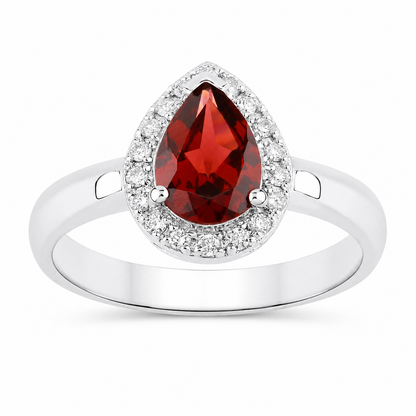 1.30 Ct Pear Red Mozambique Garnet & Lab Diamond Prong Silver Halo Ring