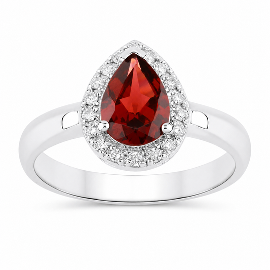 1.30 Ct Pear Red Mozambique Garnet & Lab Diamond Prong Silver Halo Ring
