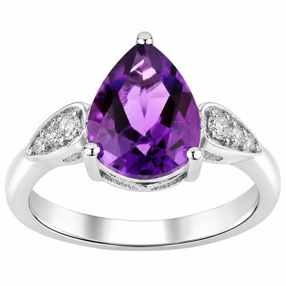 2.10 Ct Pear Purple Amethyst and Lab Diamond Prong Silver Cocktail Ring