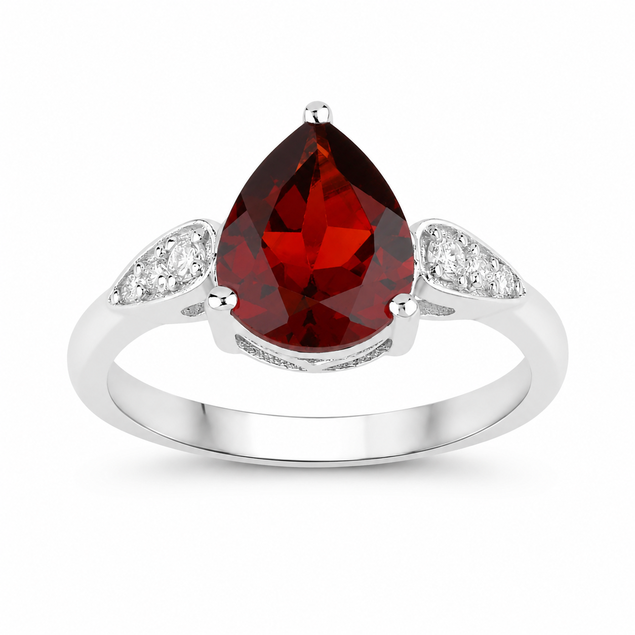2.45 Ct Pear Red Mozambique Garnet & Lab Diamond Prong Silver Cocktail Ring