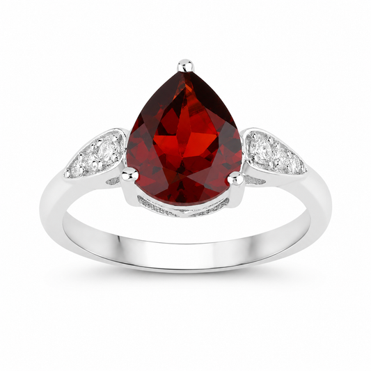 2.45 Ct Pear Red Mozambique Garnet & Lab Diamond Prong Silver Cocktail Ring