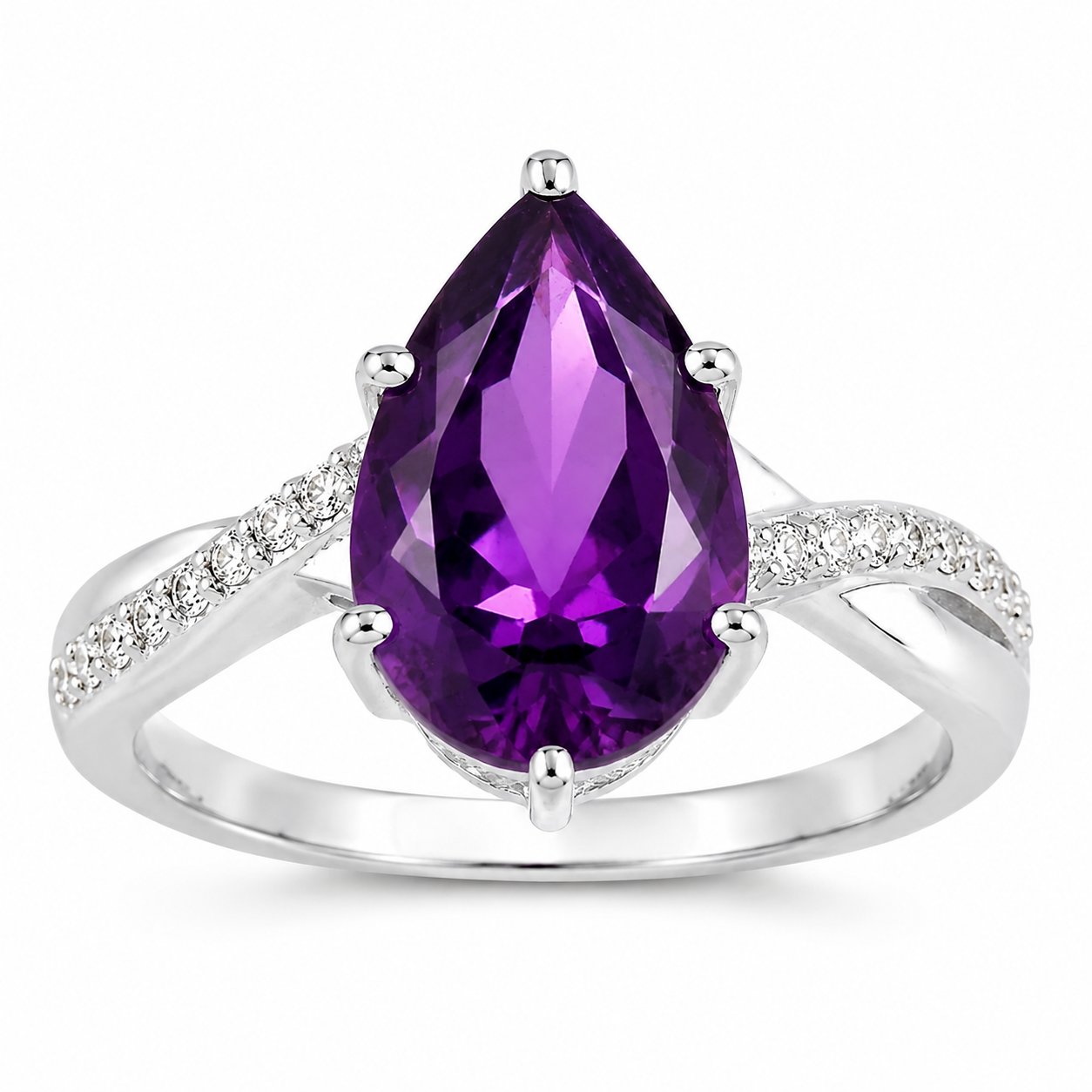 2.50 Ct Pear Purple Amethyst and Lab Diamond Prong Silver Pave Bypass Ring
