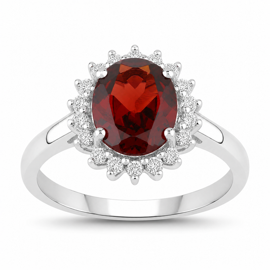 2 Ct Oval Red Mozambique Garnet and Lab Diamond Prong Silver Halo Ring