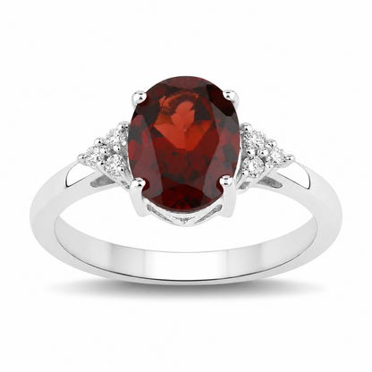 2 Ct Oval Red Mozambique Garnet and Lab Diamond Prong Silver Cocktail Ring