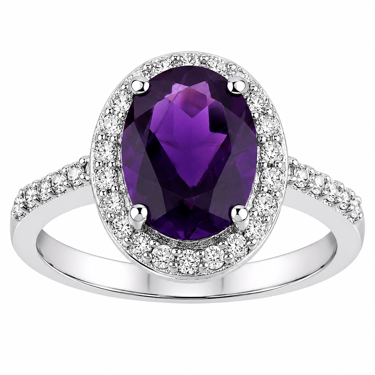 1.60 Ct Oval Purple Amethyst and Lab Diamond Prong Silver Halo Pave Ring