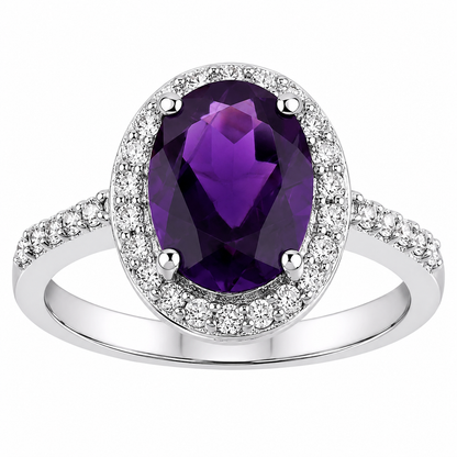 1.60 Ct Oval Purple Amethyst and Lab Diamond Prong Silver Halo Pave Ring