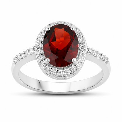 2 Ct Oval Red Mozambique Garnet and Lab Diamond Prong Silver Halo Pave Ring