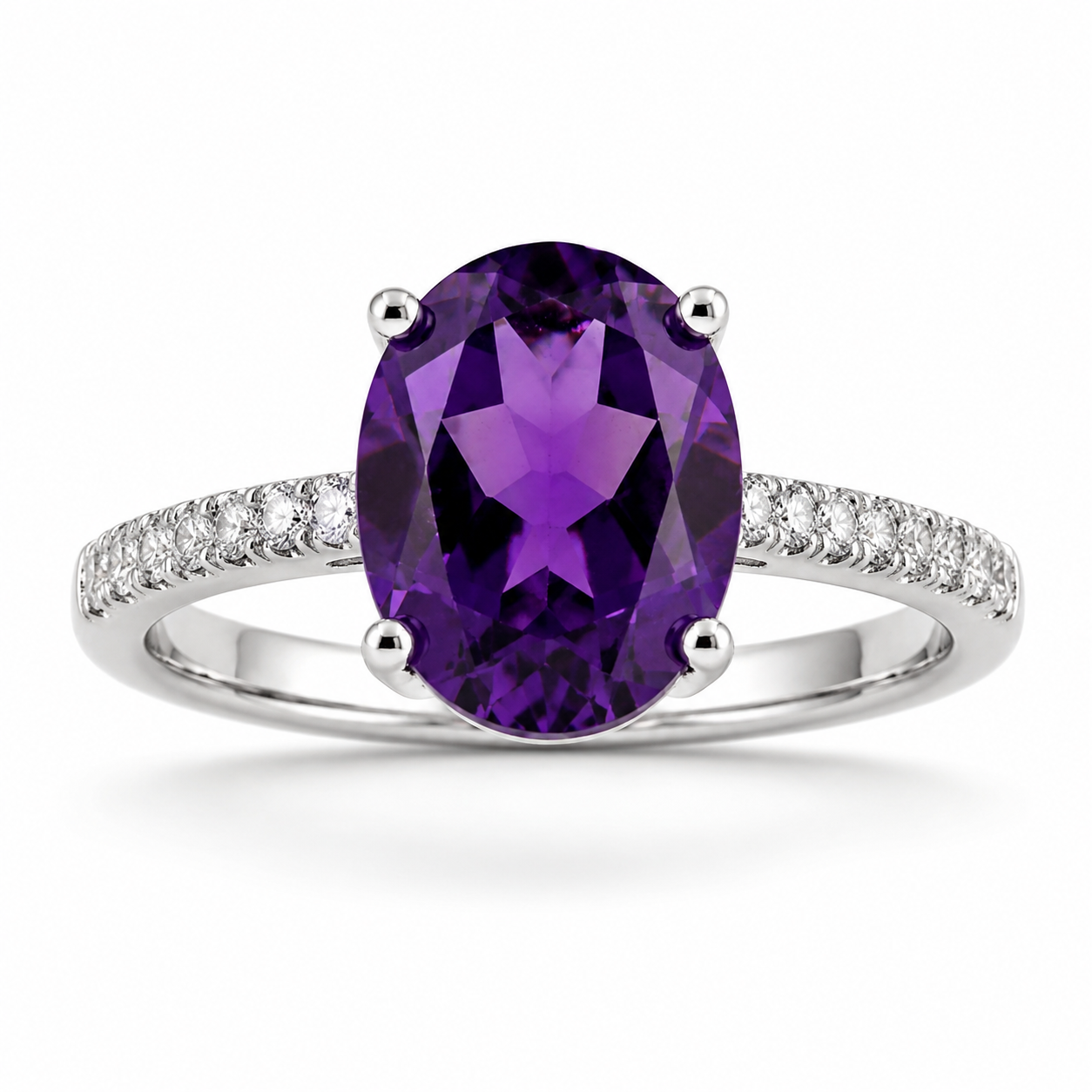 2.20 Ct Oval Purple Amethyst and Lab Diamond Prong Silver Pave Cocktail Ring