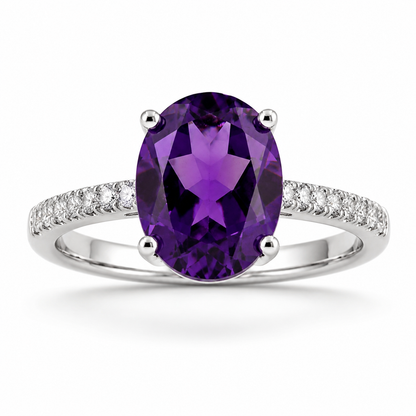 2.20 Ct Oval Purple Amethyst and Lab Diamond Prong Silver Pave Cocktail Ring