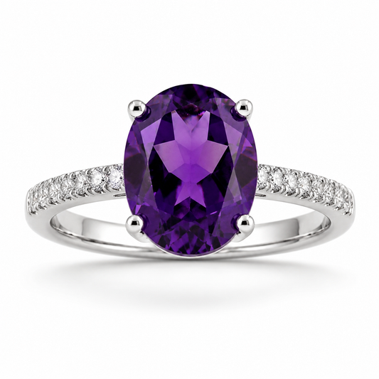 2.20 Ct Oval Purple Amethyst and Lab Diamond Prong Silver Pave Cocktail Ring
