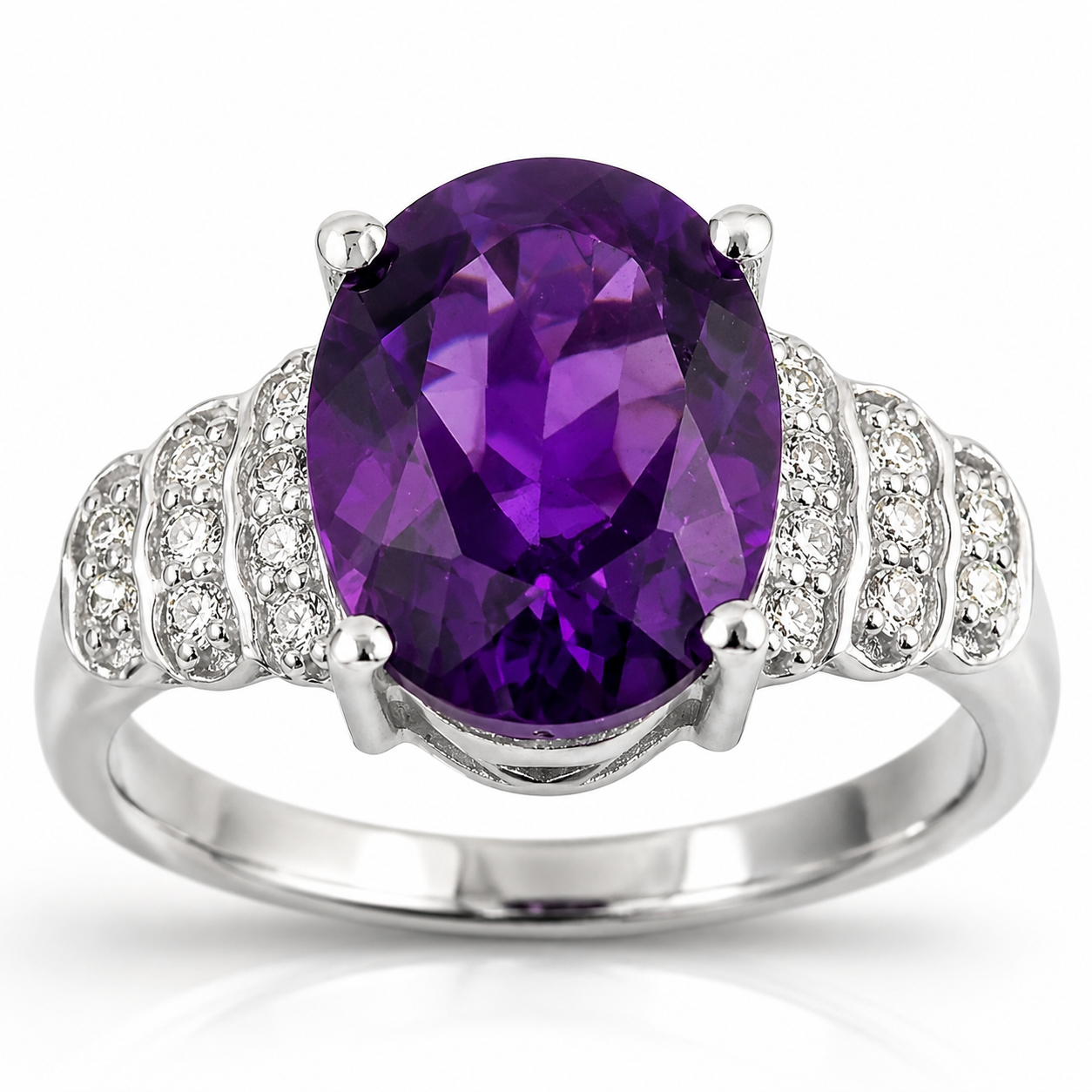 2.20 Ct Oval Purple Amethyst & Lab Diamond Prong Silver Bridge Ring