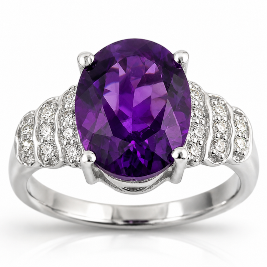 2.20 Ct Oval Purple Amethyst & Lab Diamond Prong Silver Bridge Ring