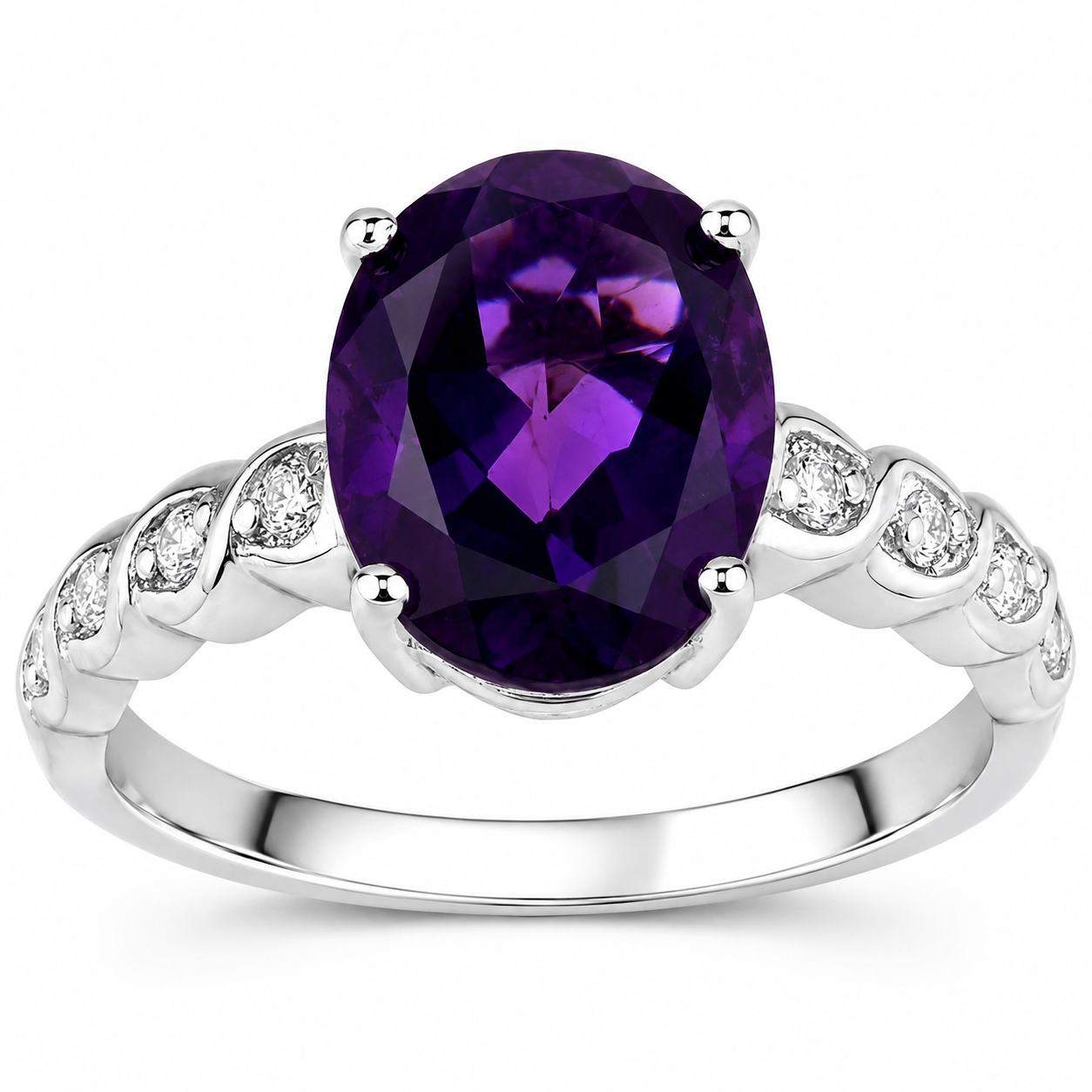2.20 Ct Oval Purple Amethyst and Lab Diamond Prong Silver Bridge Ring