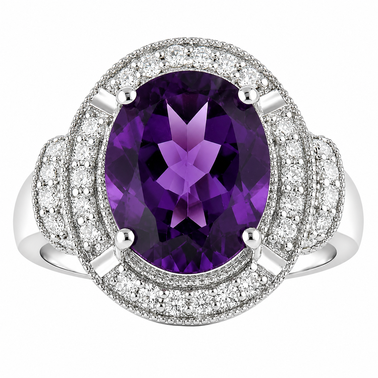 3.20 Ct Oval Purple Amethyst and Lab Diamond Prong Silver Halo Statement Ring