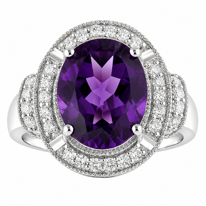 3.20 Ct Oval Purple Amethyst and Lab Diamond Prong Silver Halo Statement Ring
