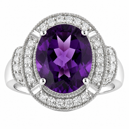 3.20 Ct Oval Purple Amethyst and Lab Diamond Prong Silver Halo Statement Ring