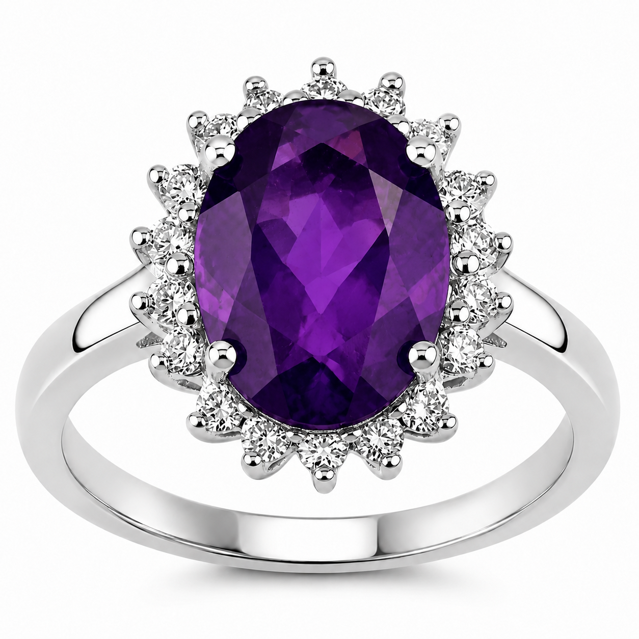 3.20 Ct Oval Purple Amethyst and Lab Diamond Prong Silver Halo Ring