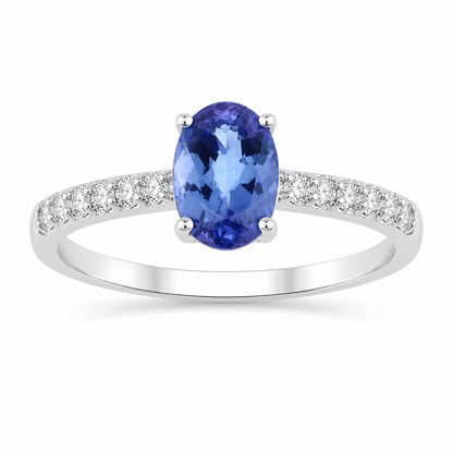 0.75 Ct Oval Violet Tanzanite and Lab Diamond Prong Silver Pave Band Ring