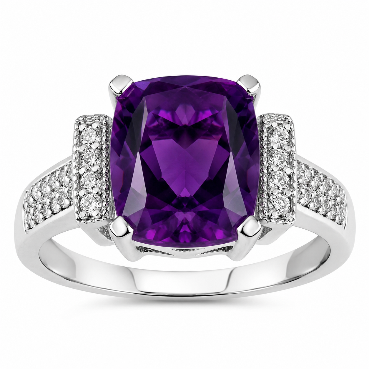 2.60 Ct Cushion Purple Amethyst and Lab Diamond Prong Silver Statement Ring