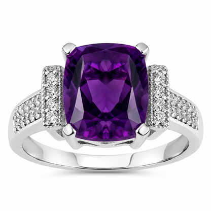 2.60 Ct Cushion Purple Amethyst and Lab Diamond Prong Silver Statement Ring