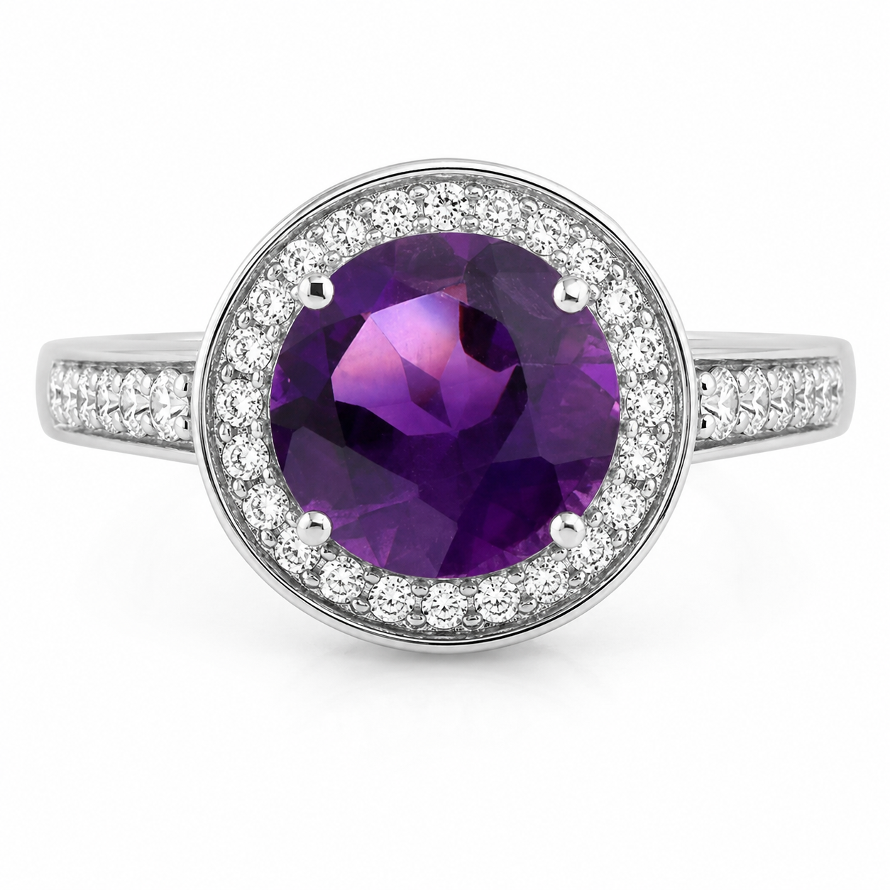 1.80 Ct Round Purple Amethyst & Lab Diamond Prong Silver Pave Halo Statement Ring