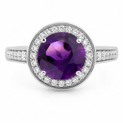 1.80 Ct Round Purple Amethyst & Lab Diamond Prong Silver Pave Halo Statement Ring