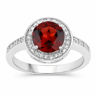 2.25 Ct Round Red Mozambique Garnet and Lab Diamond Prong Silver Pave Halo Ring