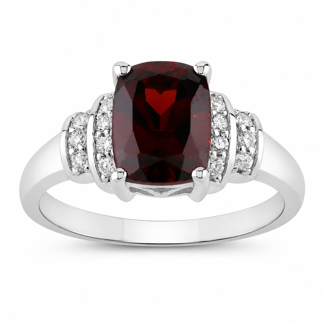 2.40 Ct Cushion Red Mozambique Garnet and Lab Diamond Prong Silver Bridge Ring