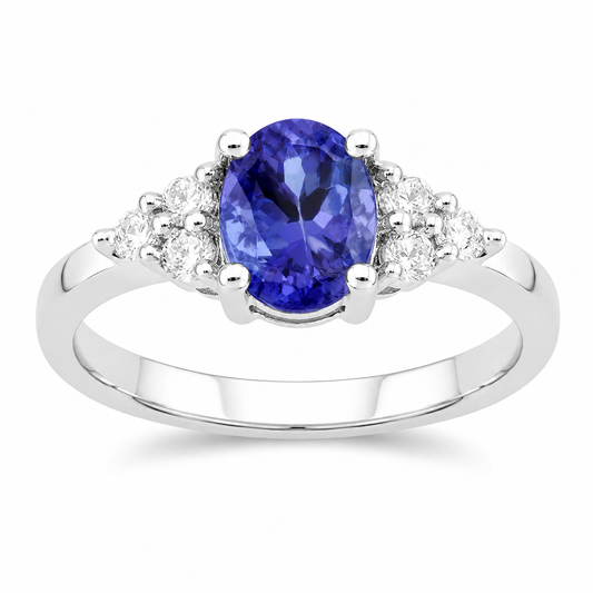 0.75 Ct Oval Violet Tanzanite and Lab Diamond Prong Silver Cocktail Ring
