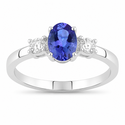 0.75 Ct Oval Violet Tanzanite and Lab Diamond Prong Silver Three Stone Ring