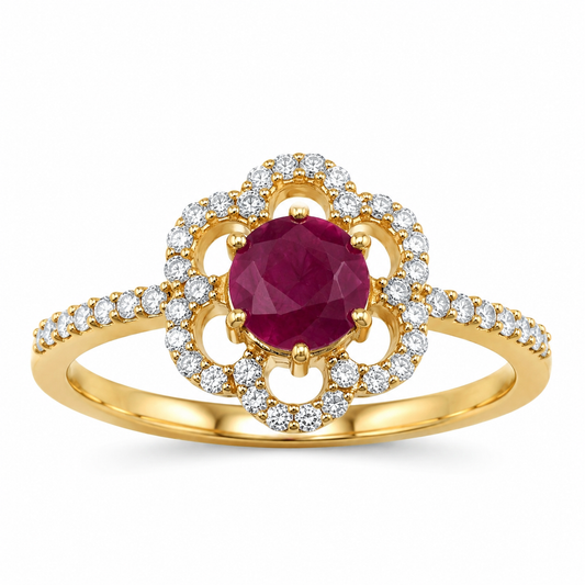 0.55 Ct Round Pink Ruby & Diamond Prong 14K Yellow Gold Halo Floral Ring