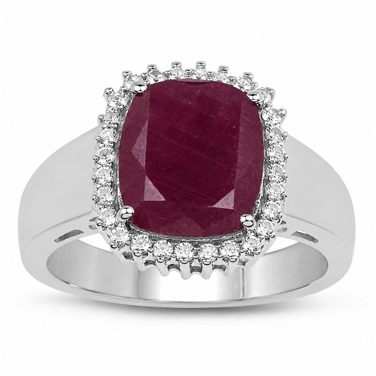 5.28 Ct Cushion Pink Ruby Prong Silver Halo Ring